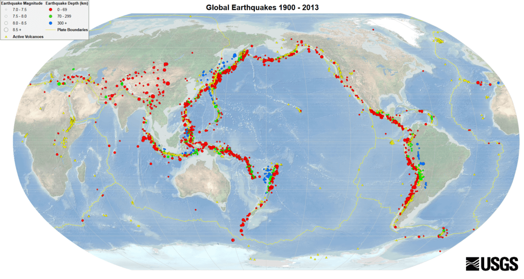 Erdbeben weltweit (1900–2013) : Erdbeben der Stärke ≥ 7.0 (Tiefe 0–69 km) : Aktive Vulkane