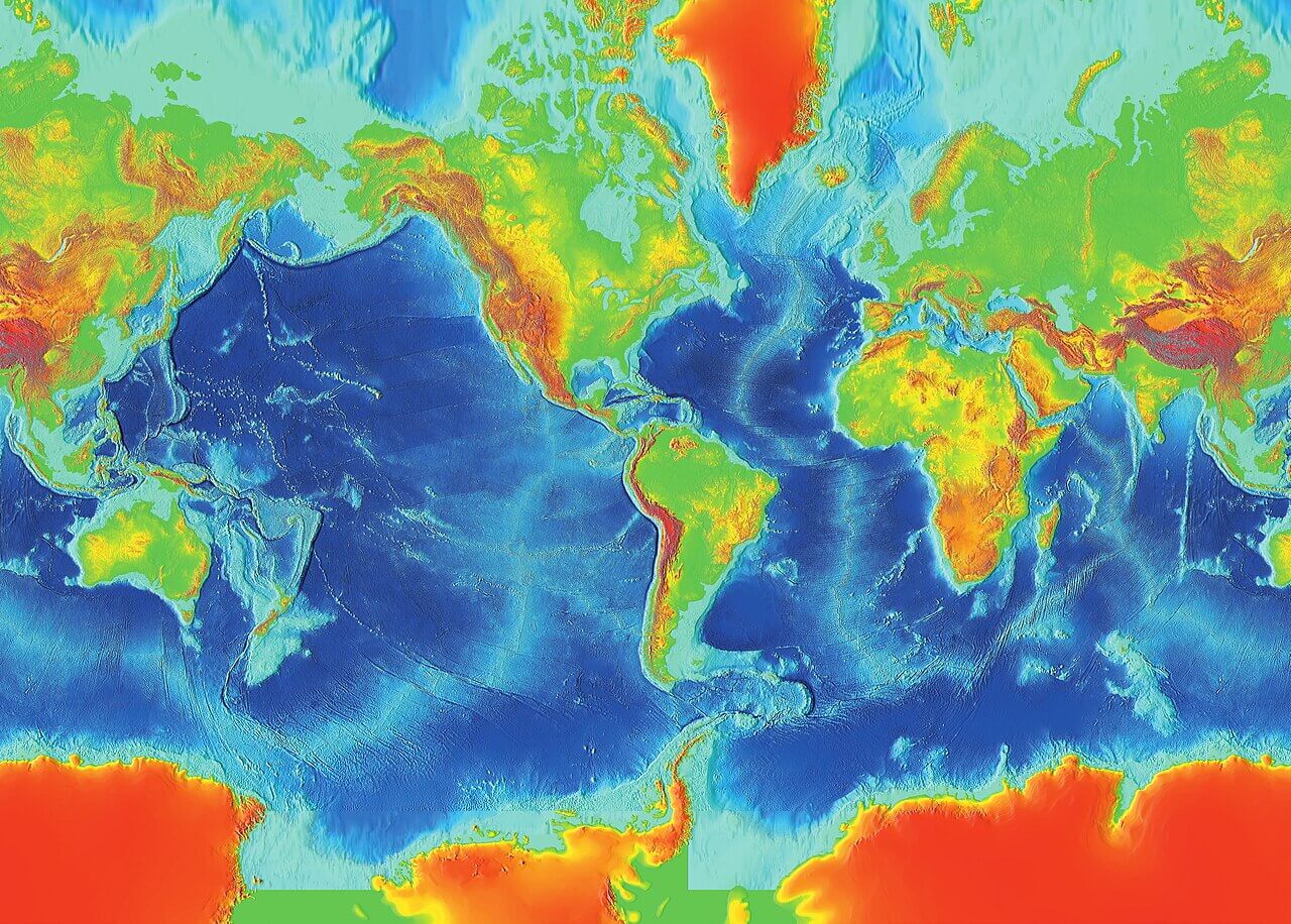 Physische Weltkarte mit Darstellung des Reliefs der Ozeanböden (World Data Center for Marine Geology & Geophysics, 2000). Unter anderem deutlich erkennbar die Schelfe und das Netz aus Mittelozeanischen Rücken.