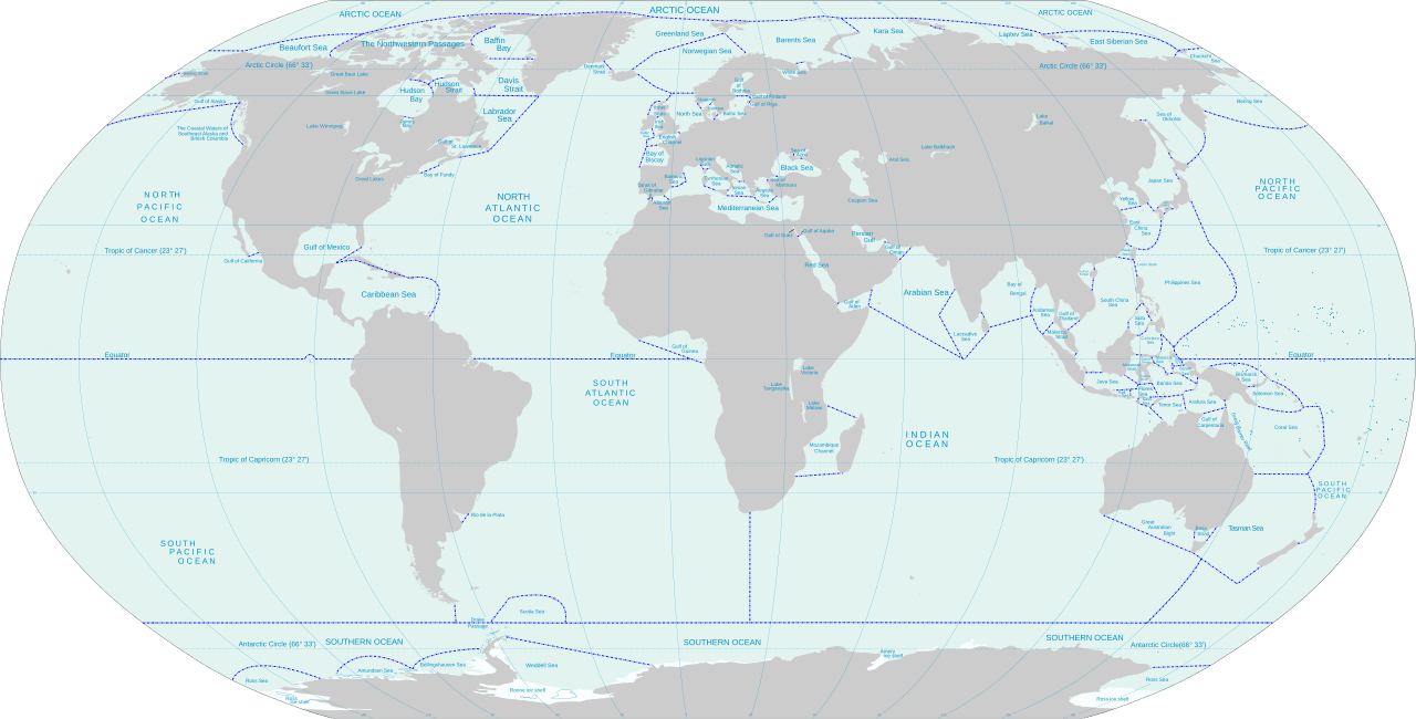 Ozeane und Randmeere gemäß der Definition der Internationalen Seeschifffahrtsorganisation