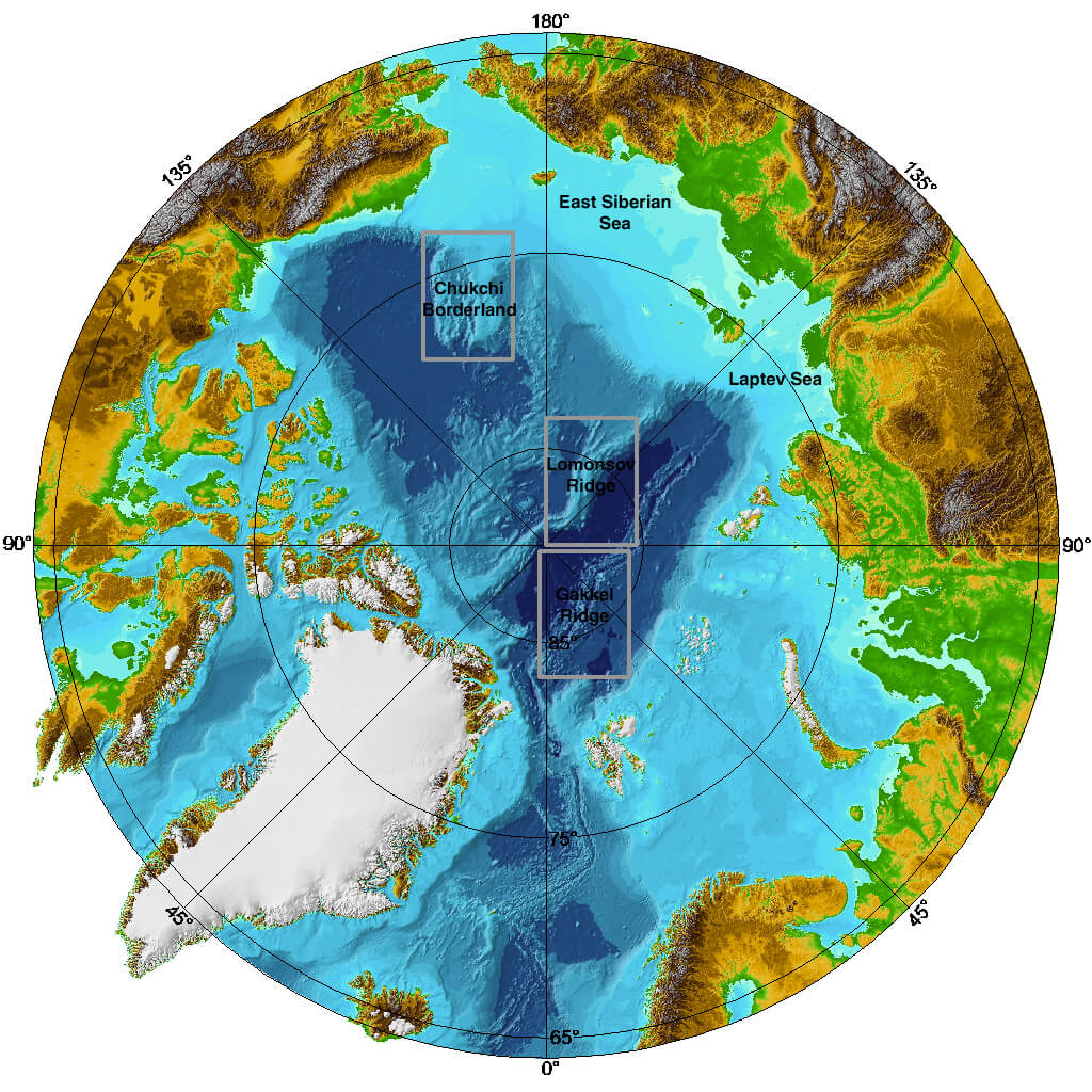 Der Arktische Ozean ist gekennzeichnet von zwei tiefen Ozeanbecken und einem ausladenden Schelfmeer.